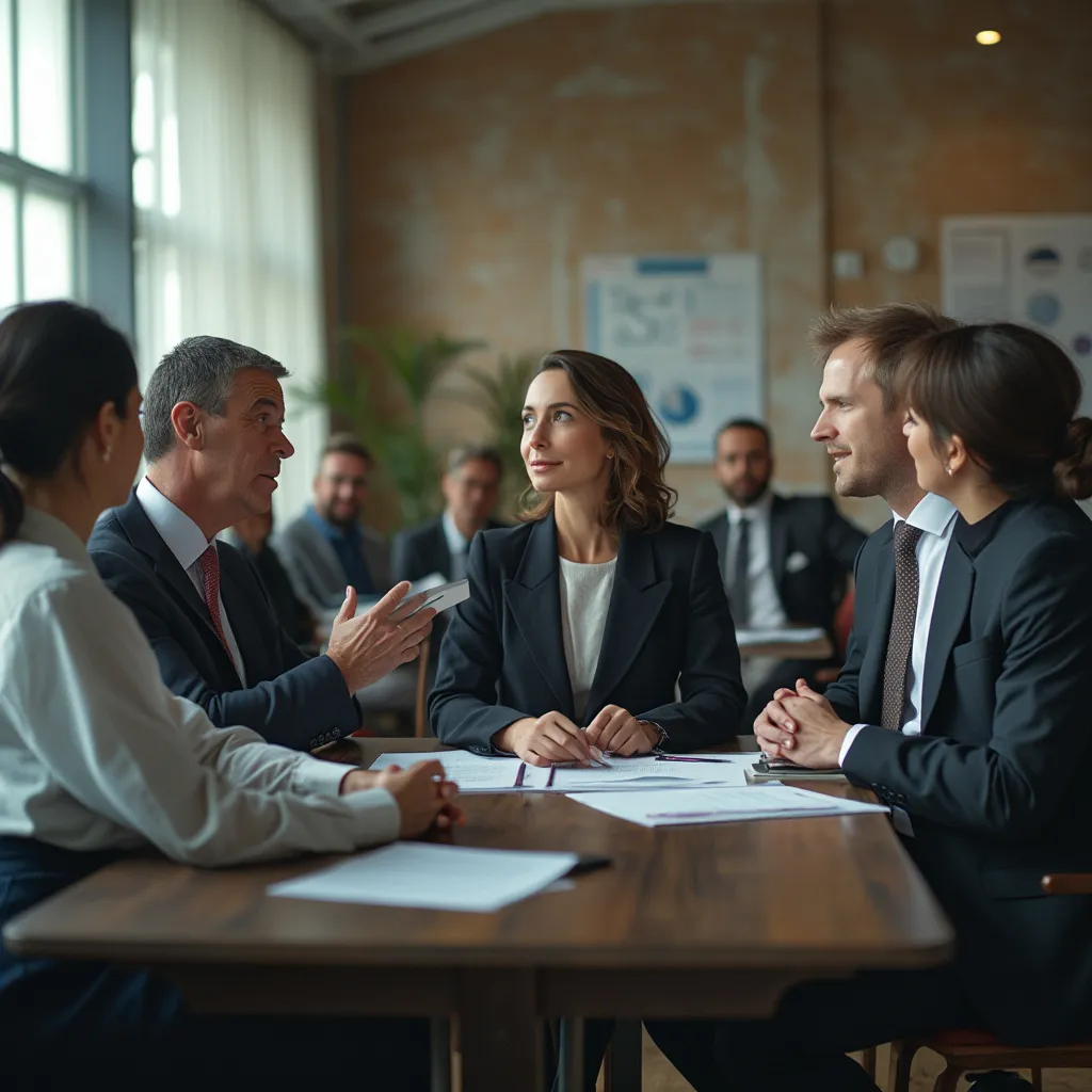 Equipo discutiendo estrategia en una oficina moderna